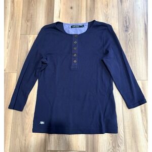 Ralph Lauren Women's Large Henley T-shirt Shirt Navy Blue Preppy Classic Casual